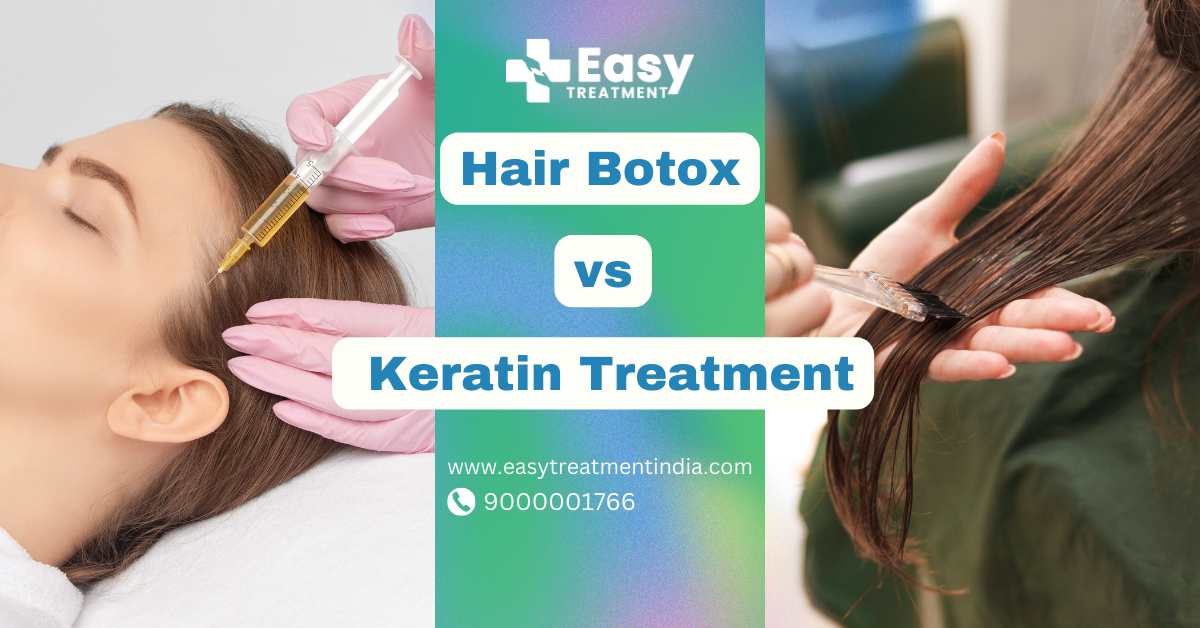 Hair Botox vs. Keratin Treatment comparison showing a hair Botox injection on the left and a keratin treatment being applied on the right.